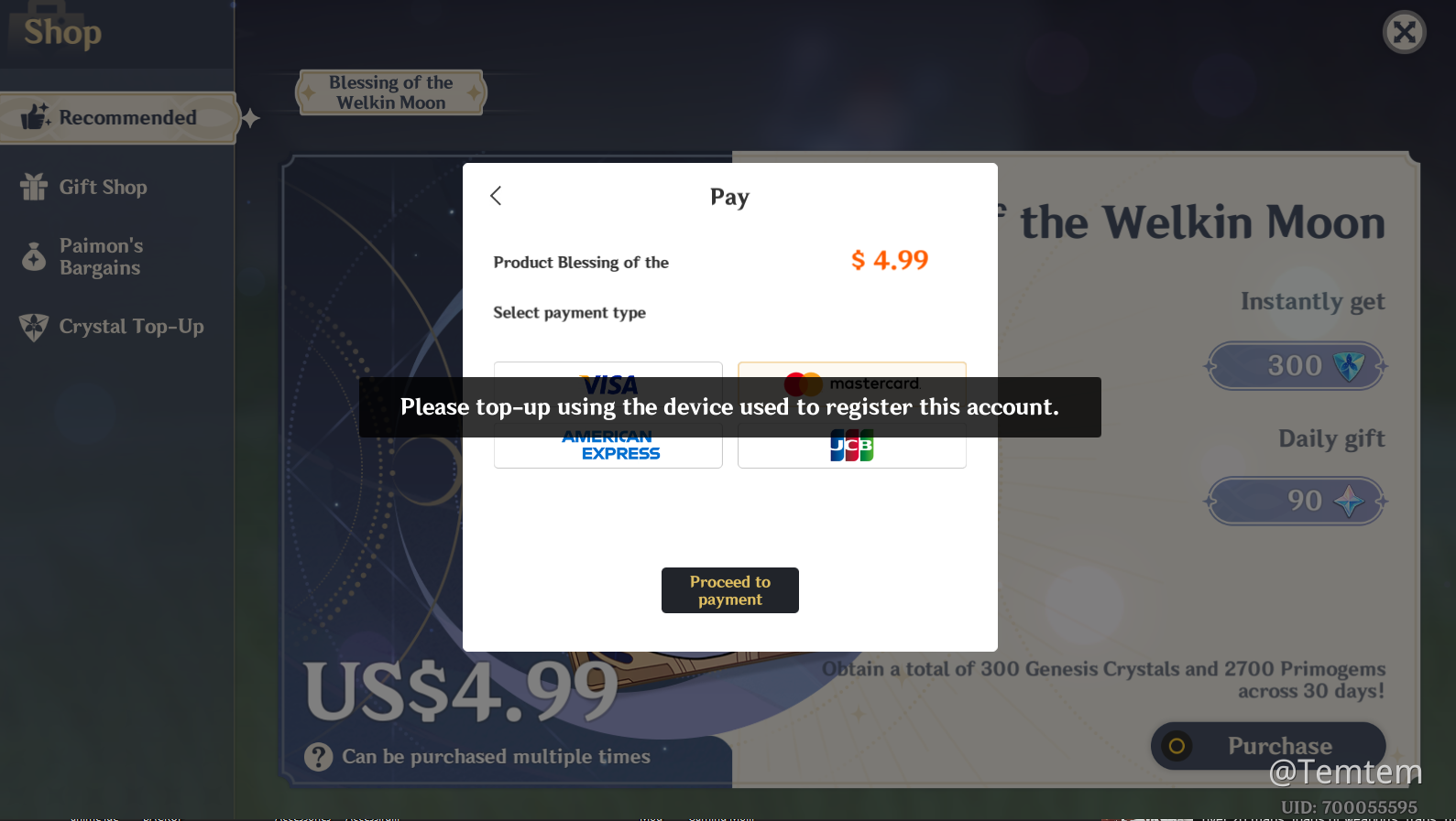 Game does not let me buy anything that isn't top-up Genshin