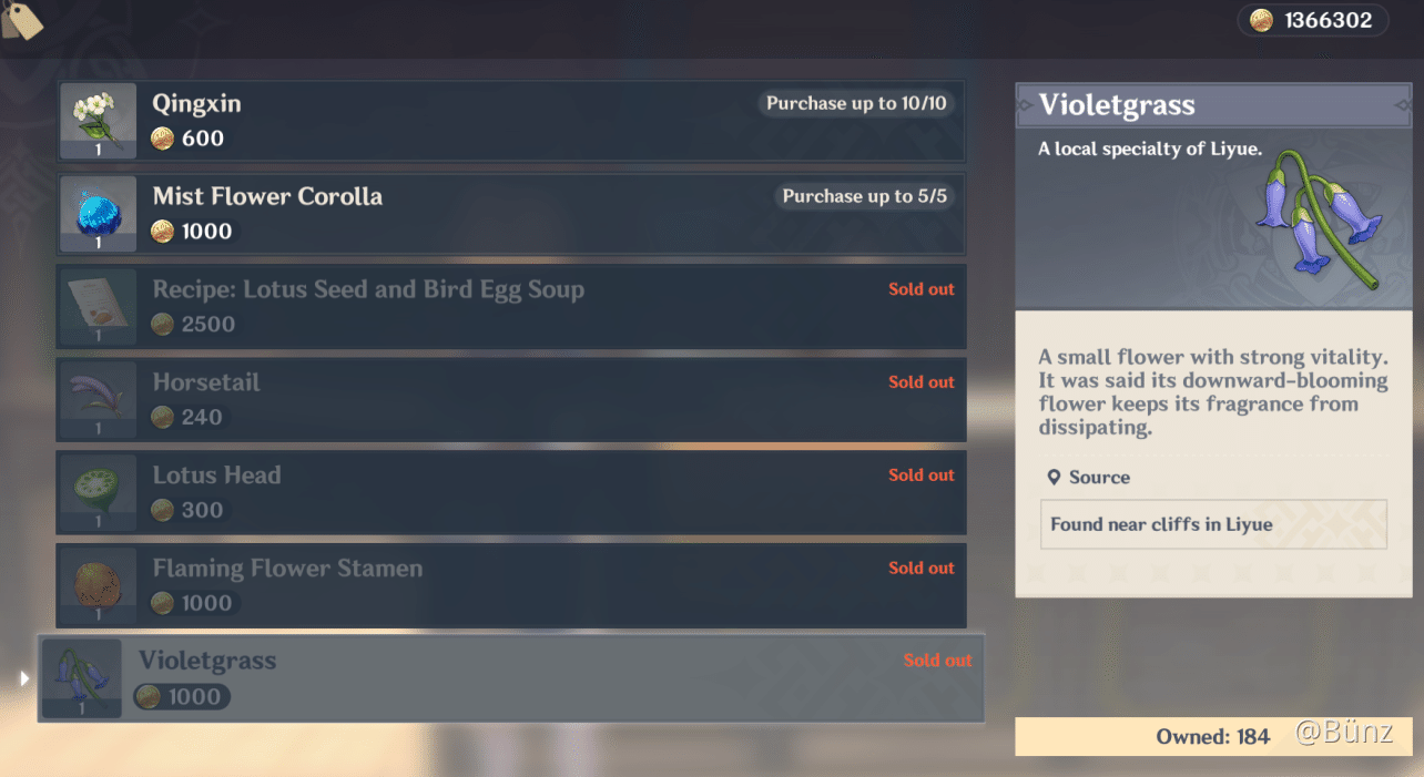 [Quick Guide] where to buy Violetgrass and Flame stamen Genshin Impact