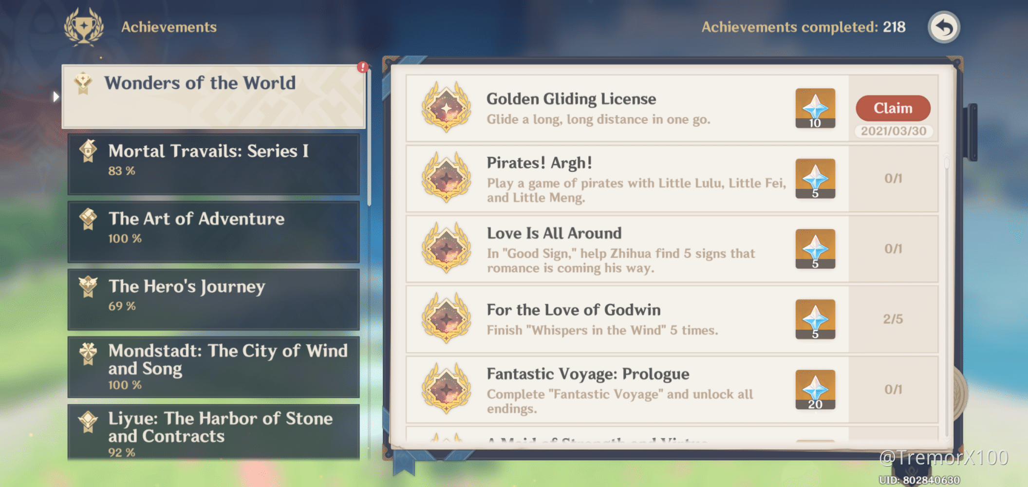 Golden Gliding License Achievement from No Landing mini game Genshin