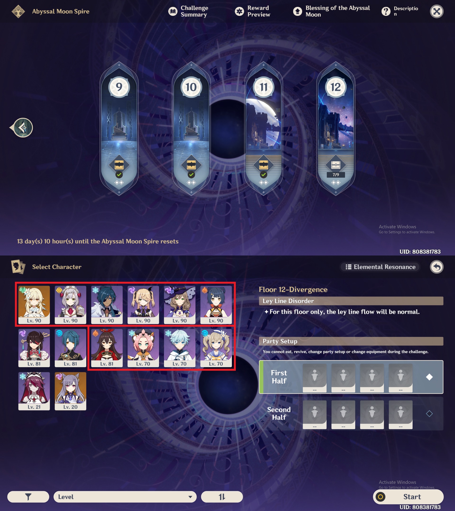 Spiral Abyss v1.6, F2P 34* clear, only using red marked characters (run