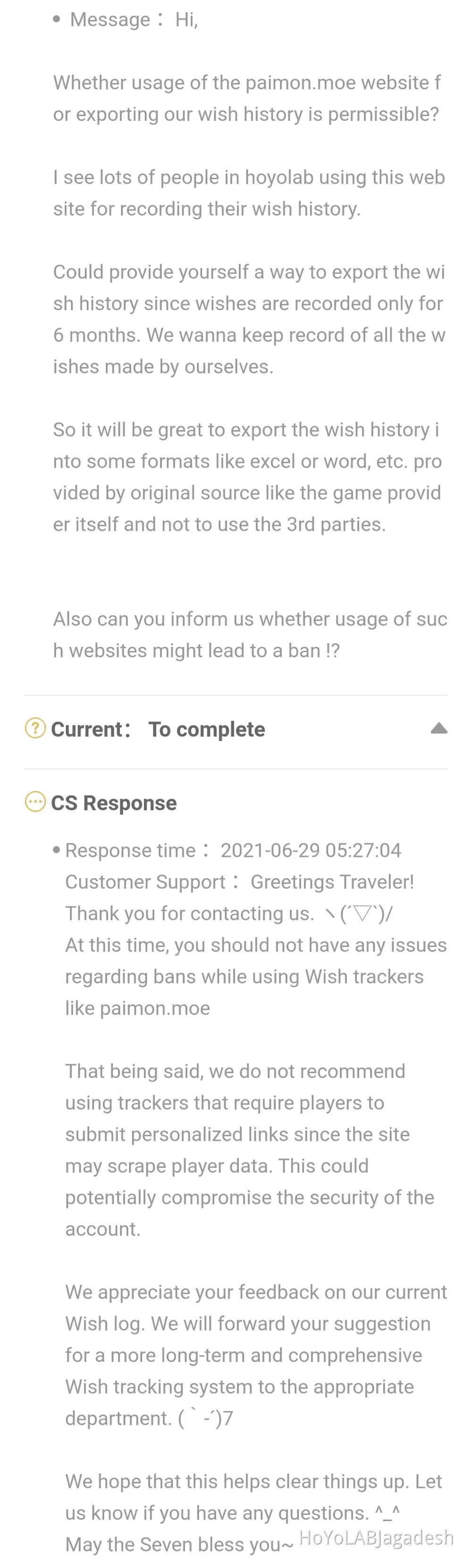 I asked questions to CS regarding wish trackers like paimon.moe 