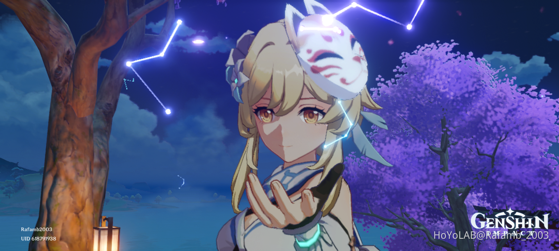 Lumine com máscara de kitsune Genshin Impact HoYoLAB