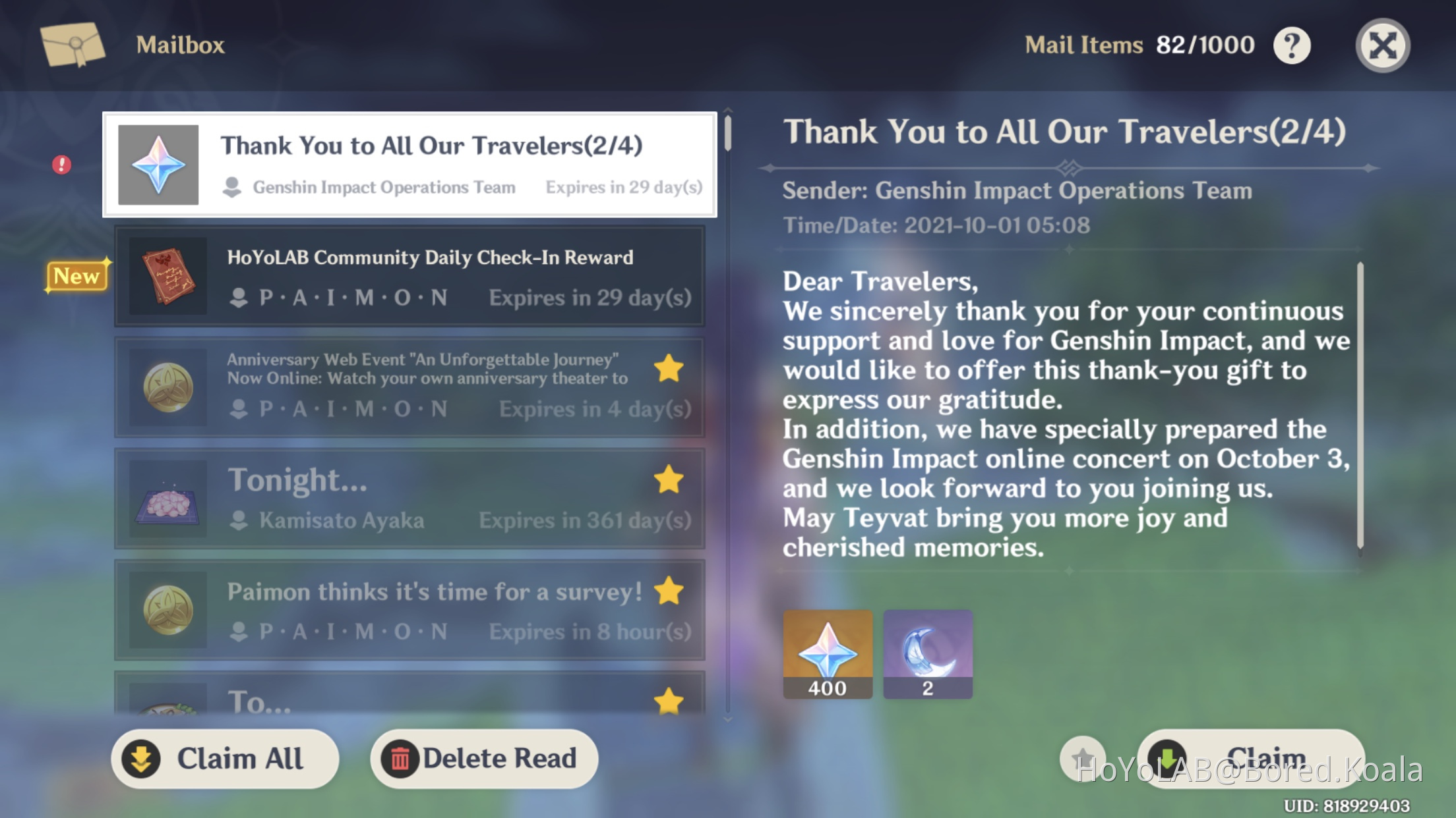 Day 2 Mailbox Thank You Surprise. Genshin Impact HoYoLAB