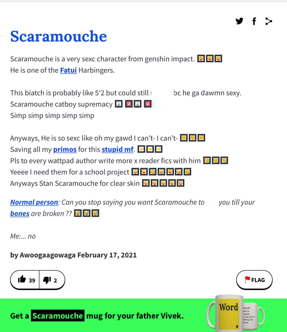 Search the name of one of your favourite characters on urban dictionary
