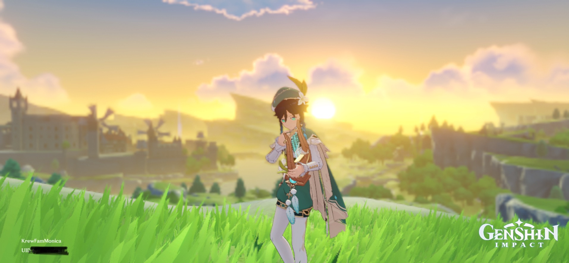 Venti playing the lyre with Mondstadt in the background Genshin Impact