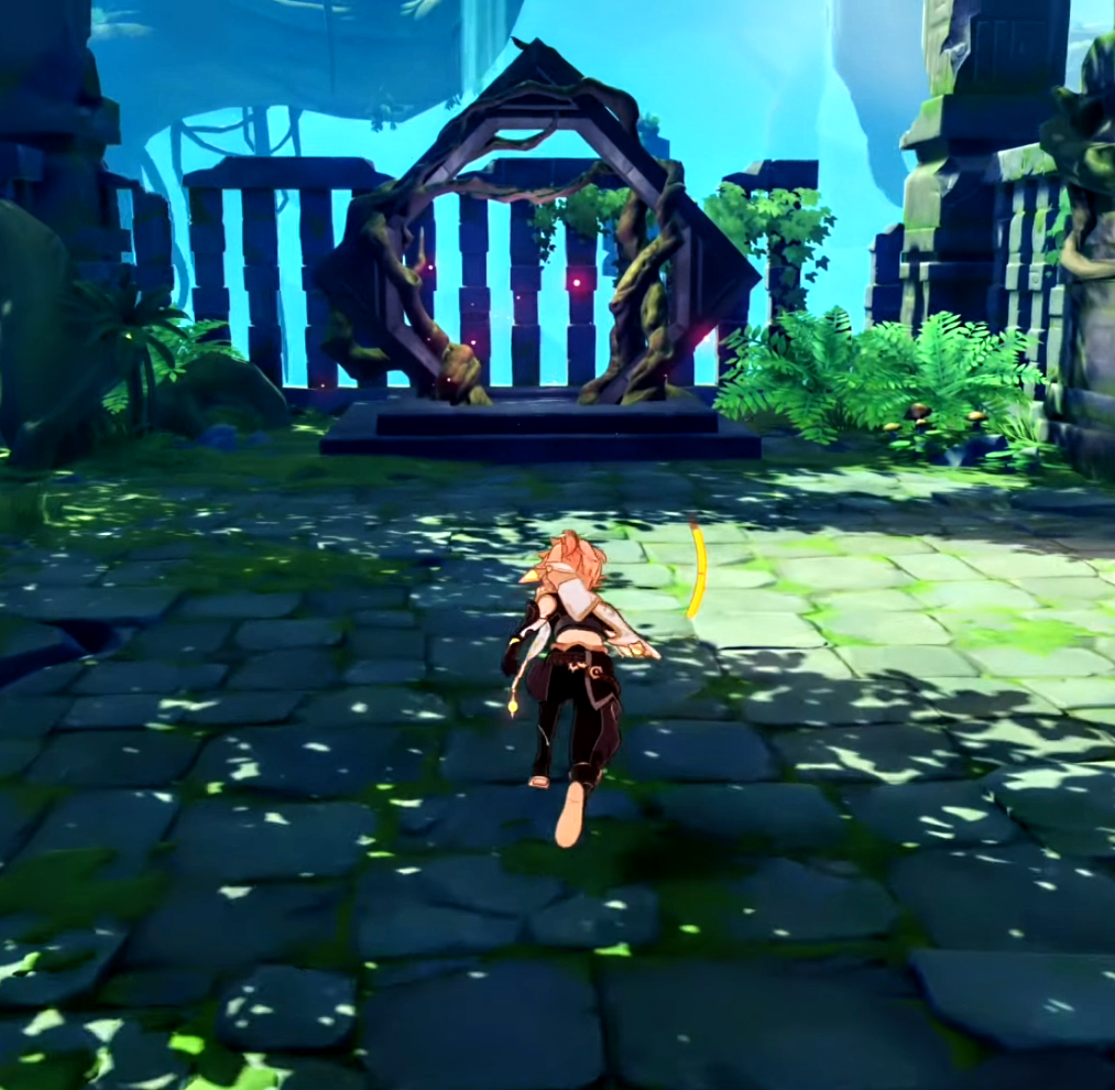 Inactive Door of Resurrection, with glowing red light things hovering