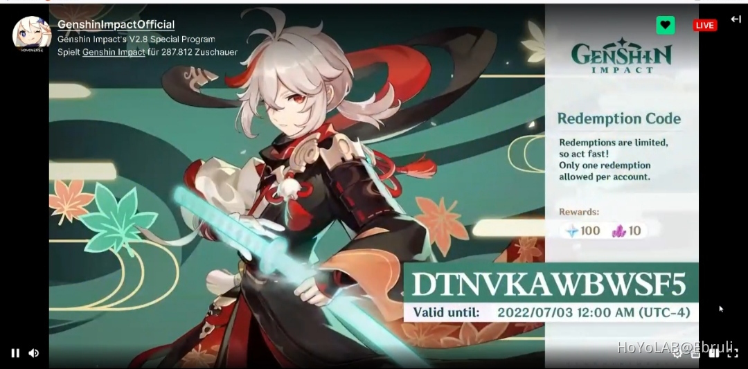 Livestream promo code Genshin Impact HoYoLAB