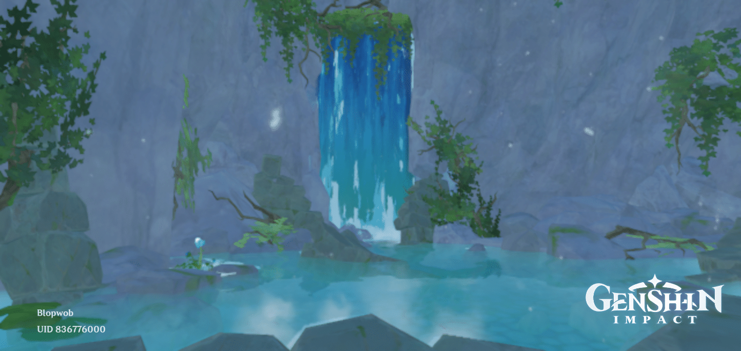 A cave with a waterfall i found in the stone gate area Genshin Impact