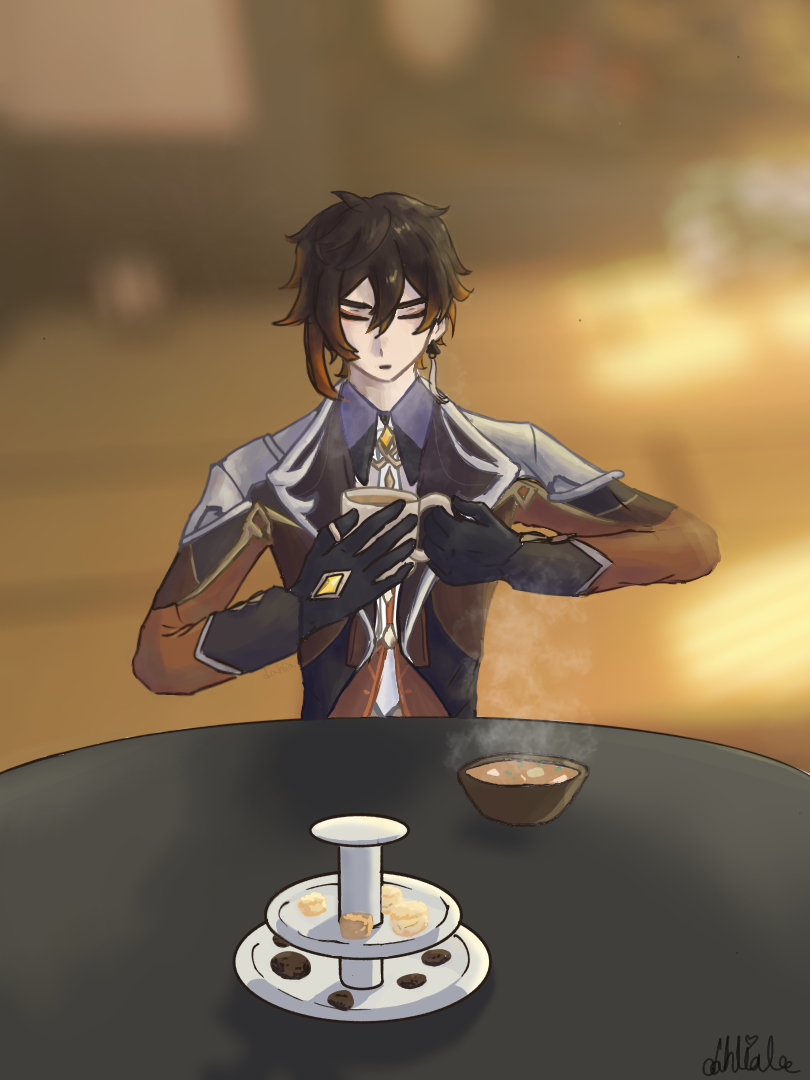 Zhongli drinking tea Genshin Impact HoYoLAB