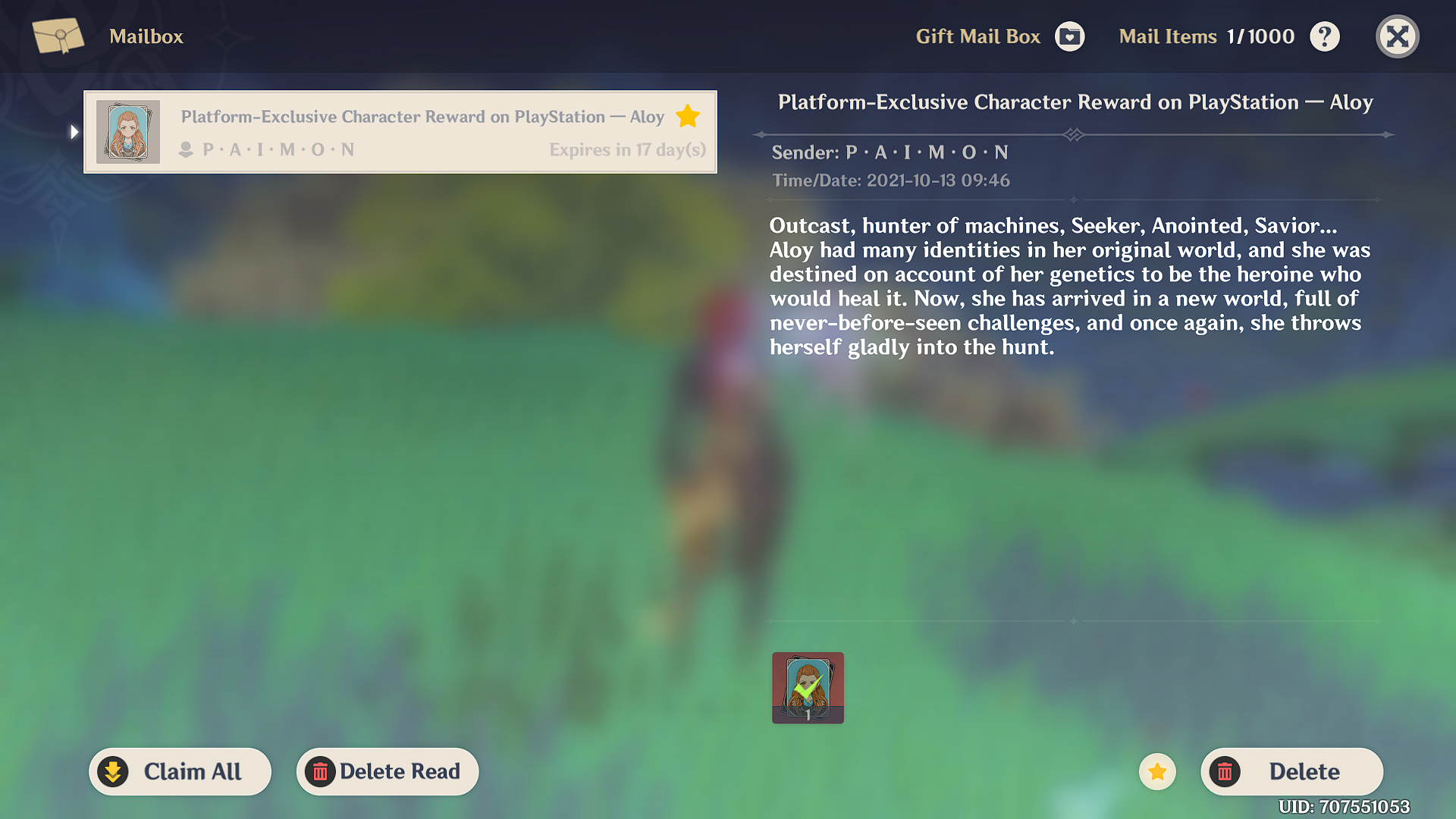 A Message from Aloys postcard in mailbox Genshin Impact HoYoLAB