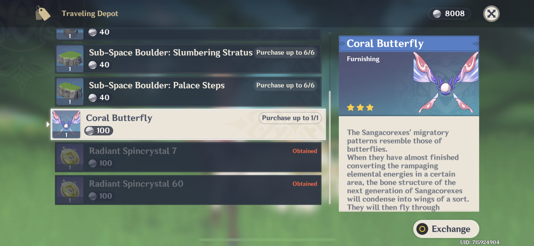 How long has the Coral Butterfly been in the teapot salesman? Genshin