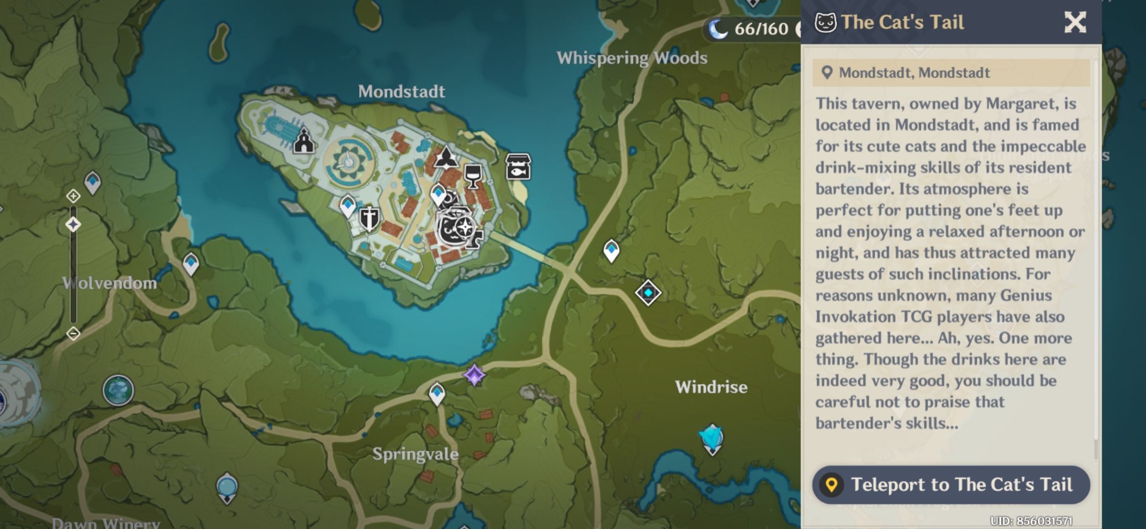 You can teleport directly to inside of the Cat's Tail Bar Genshin