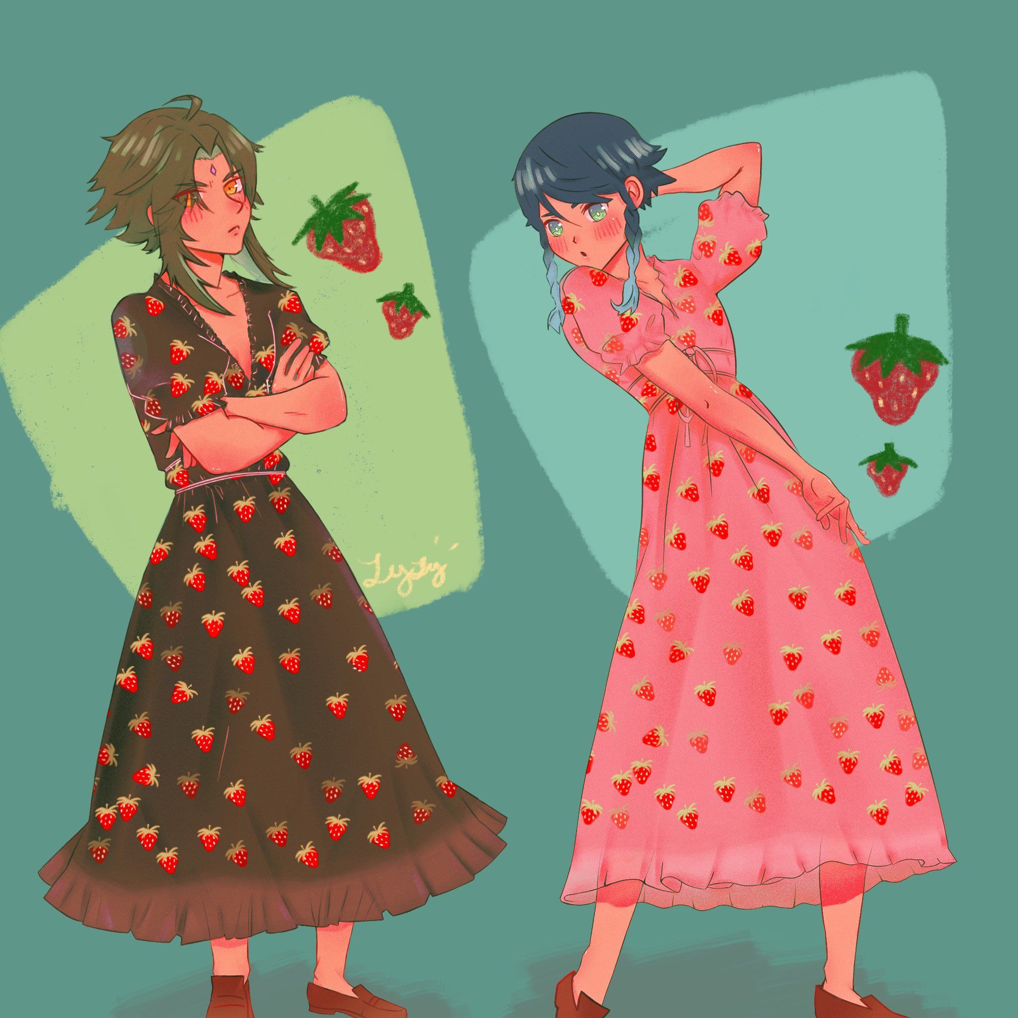 Venti and xiao in a strawberry dress 🍓🍓🍓 Genshin Impact HoYoLAB