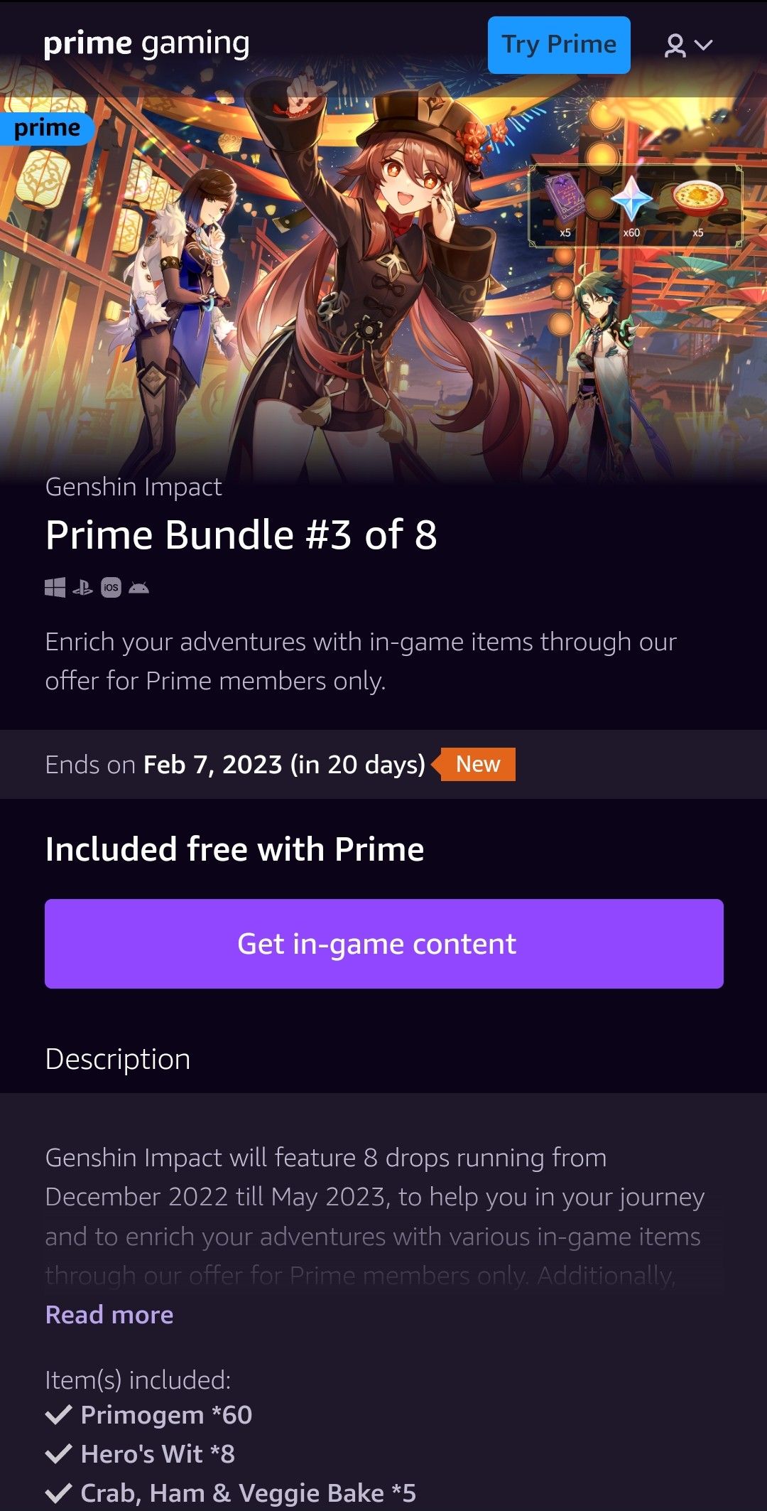 Amazon Prime Bundle (3 of 8) PRIMOGEMSx60 (ends Feb 7) Genshin Impact