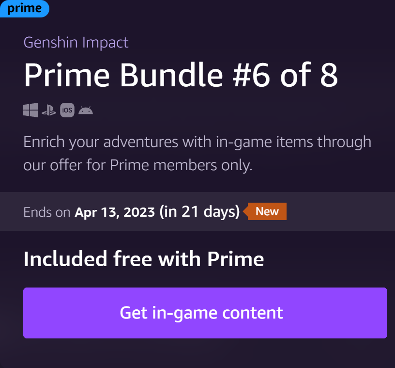 Amazon Prime Bundle 6 of 8 Genshin Impact HoYoLAB