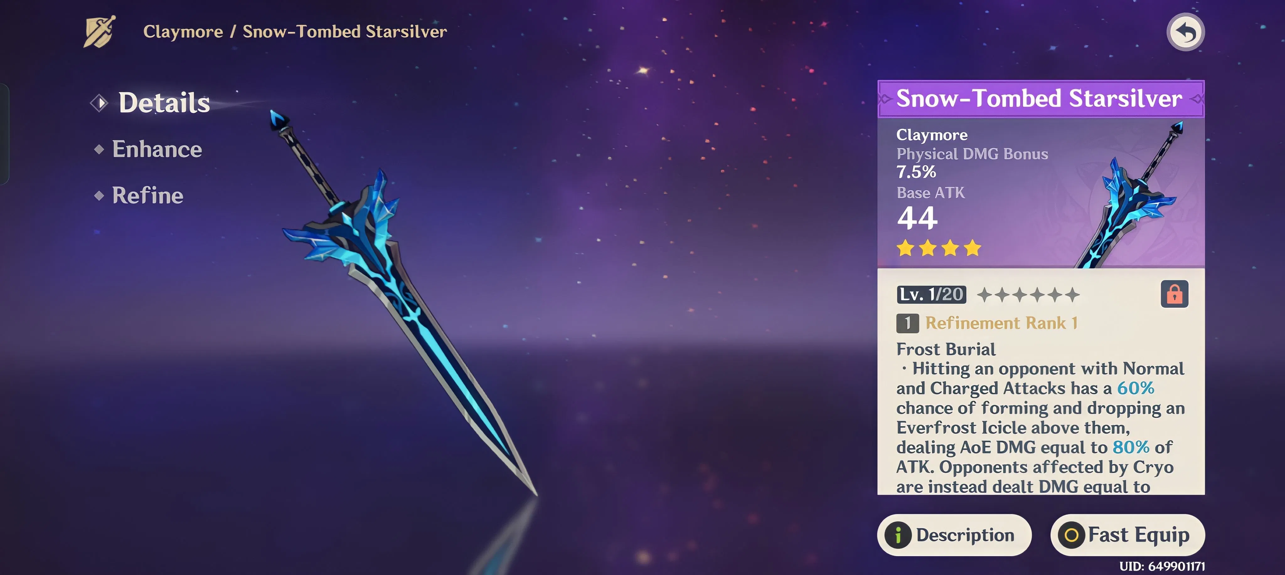 Got free SnowTombed Starsilver Claymore after AR55 in Dragonspine, I
