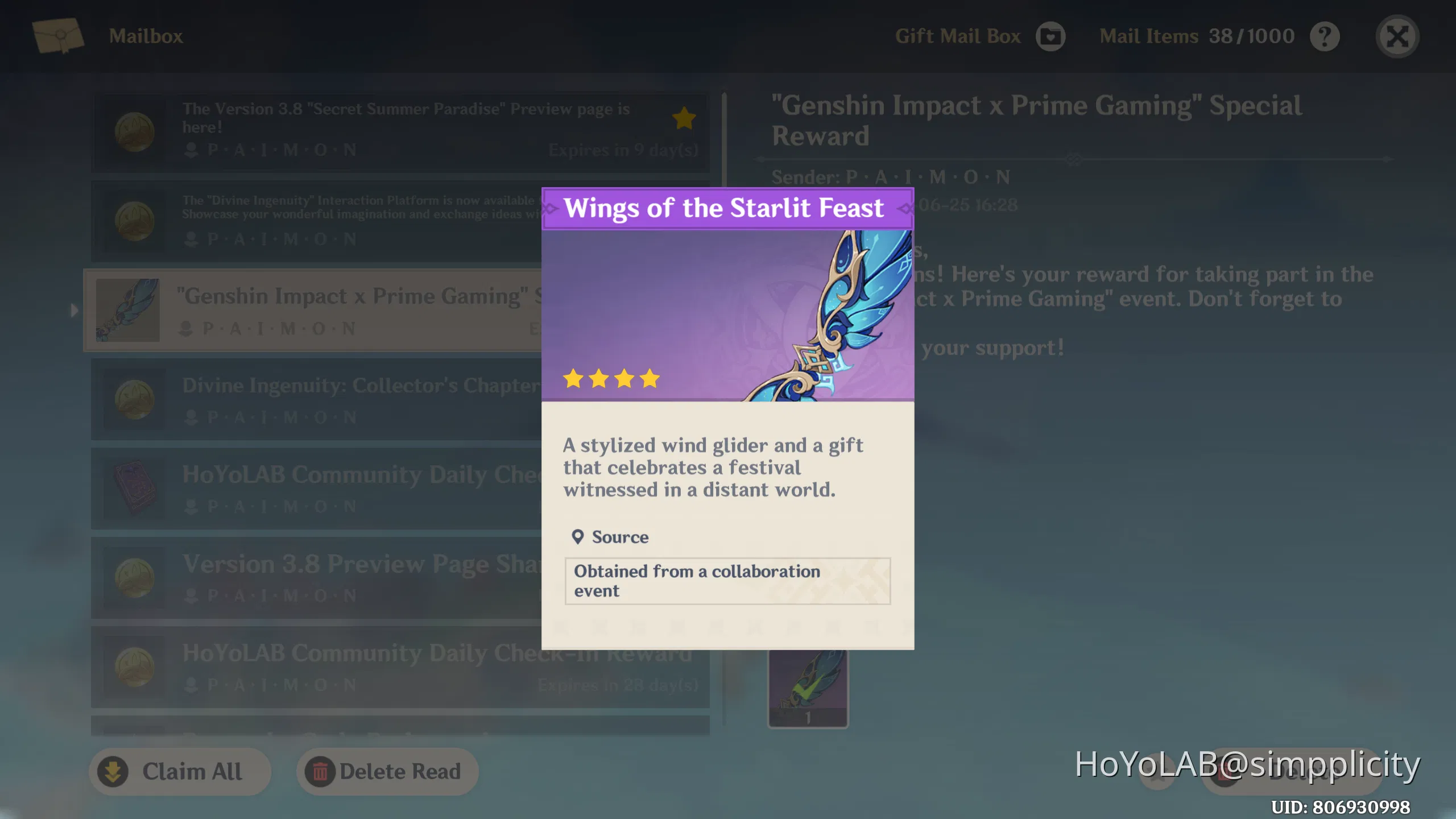 The NEW "Genshin Impact x Prime Gaming" Glider is Out Wings of the