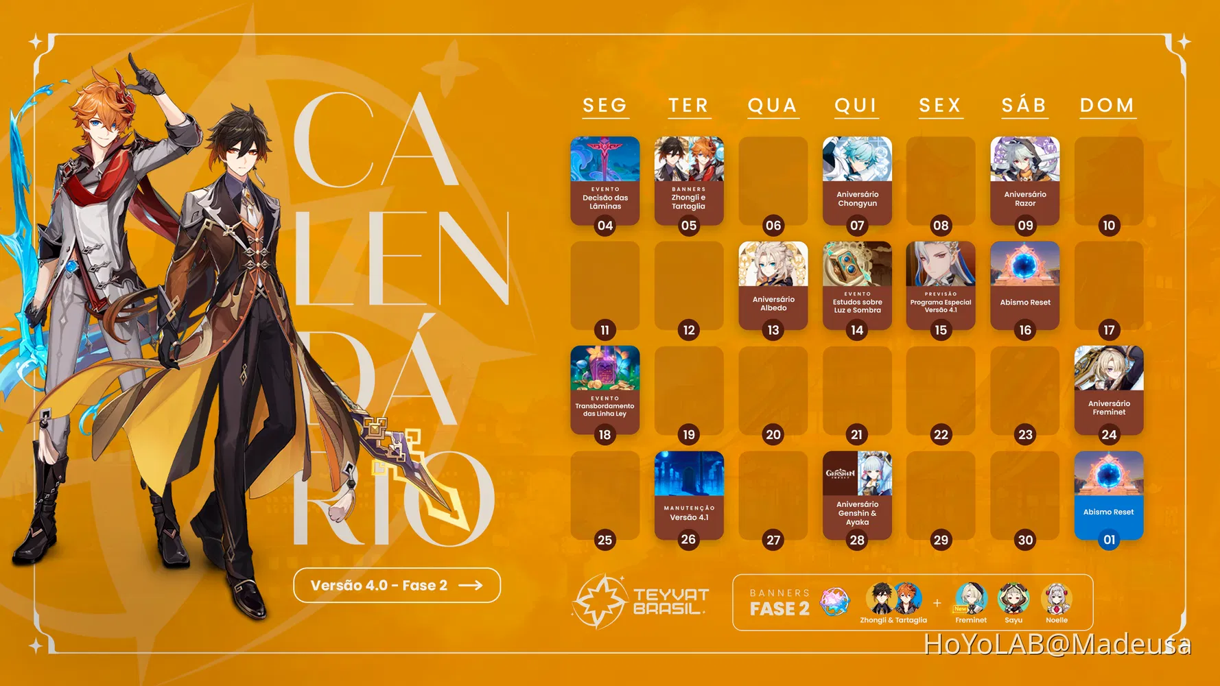 🗓️ CALENDÁRIO GENSHIN IMPACT 《 VERSÃO 4.0 FASE 2 》 Genshin Impact