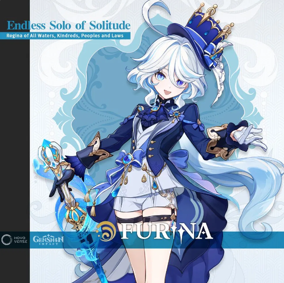 Furina in both colour of her clothes on her name card Genshin Impact ...