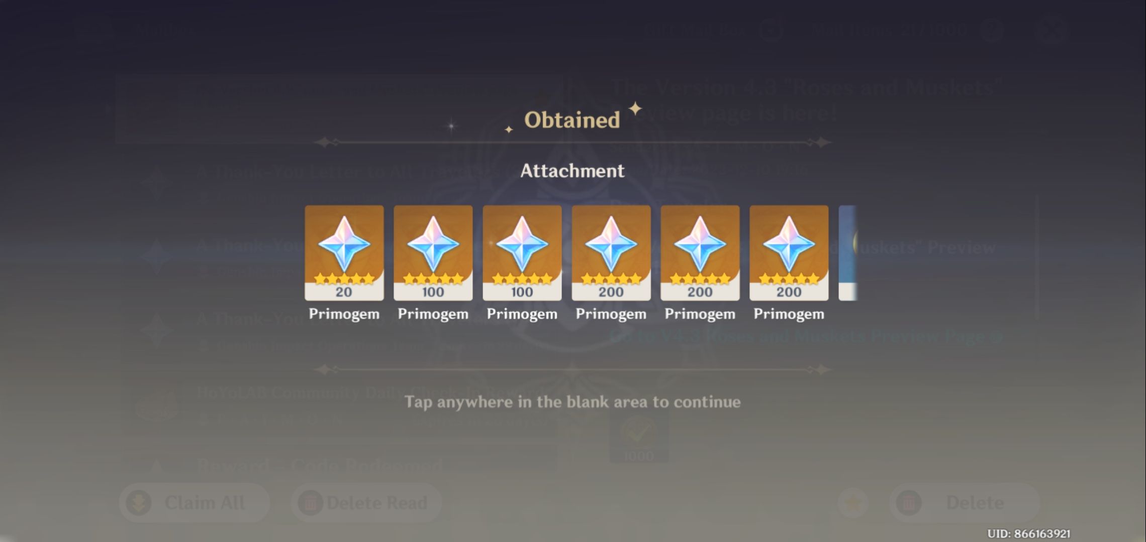 Genshin VS HSR mailbox reward (4 days worth of mail) Honkai Star Rail