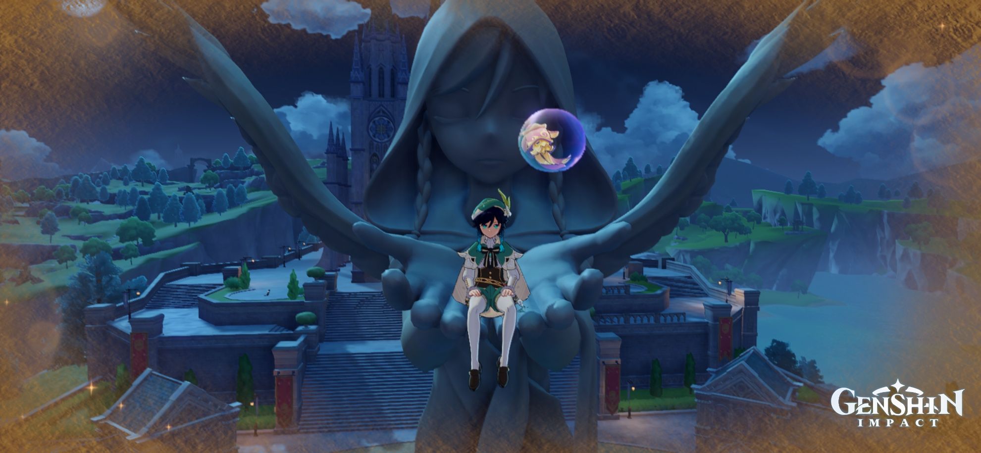 Venti on his statue Genshin Impact HoYoLAB