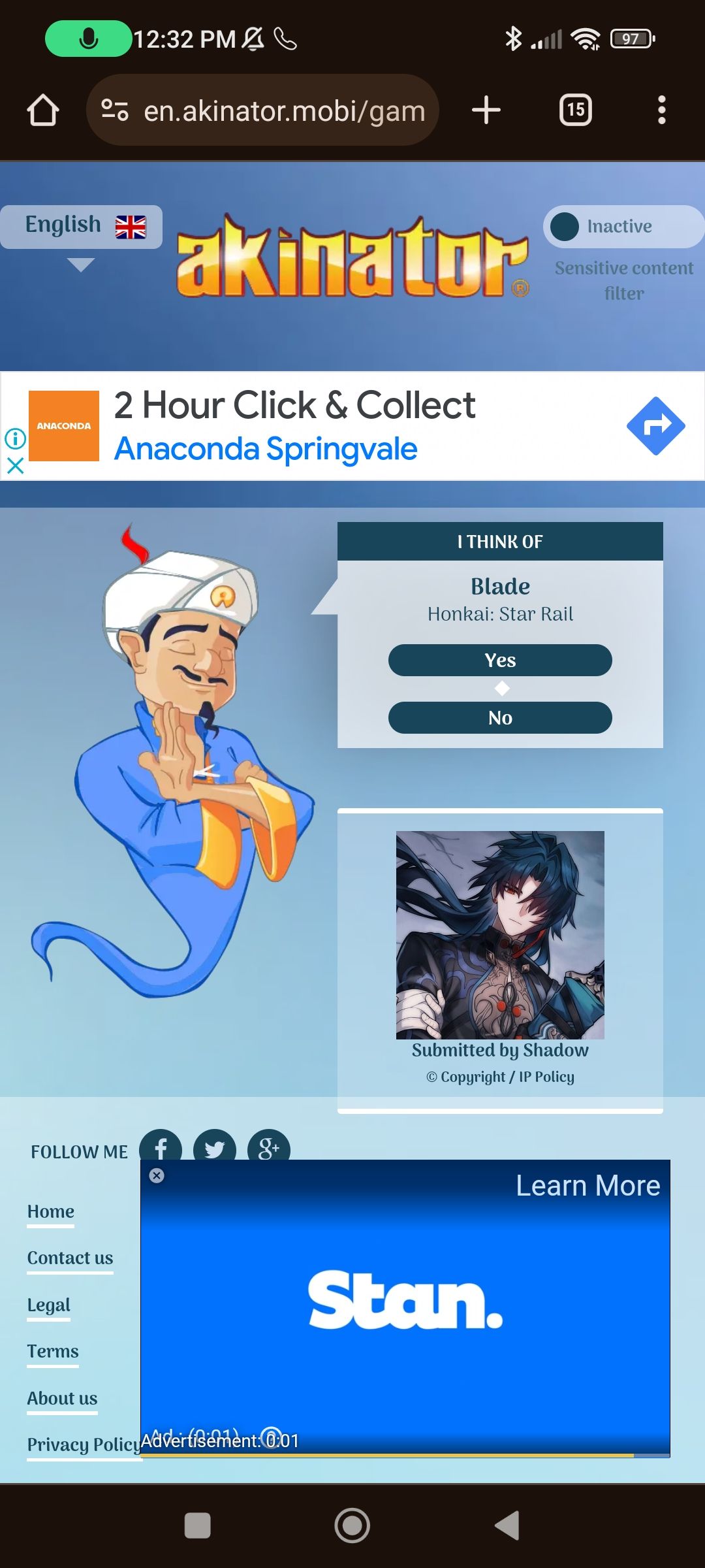 seeing everyone doing this, Akinator got 3/3, blade, ruan mei, and ...