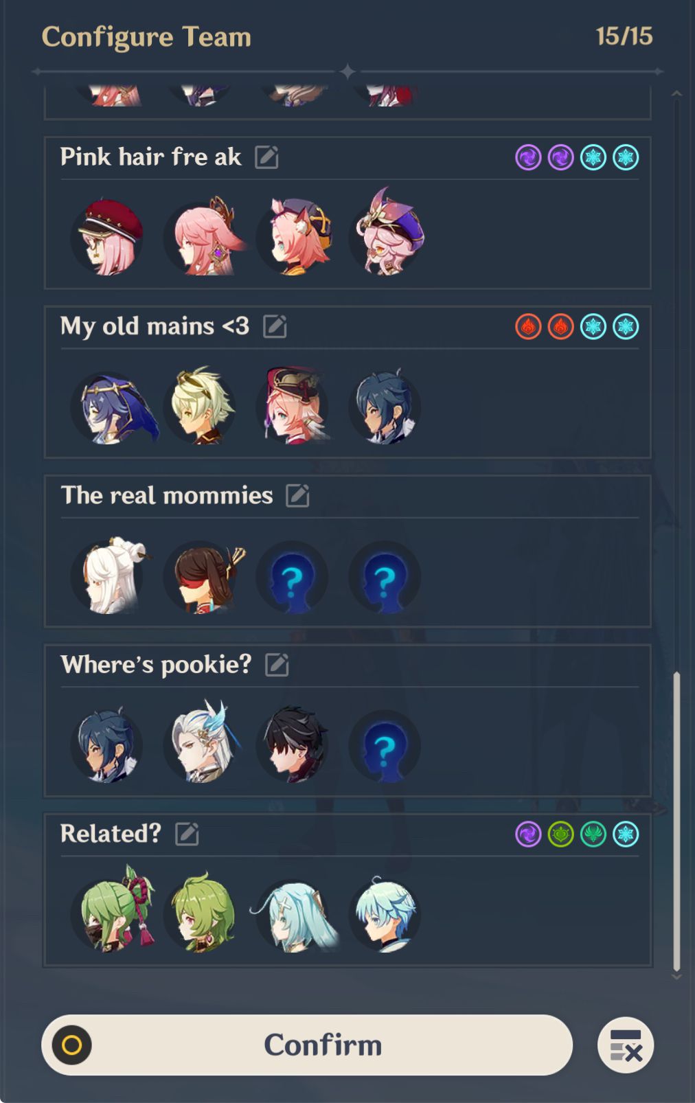 I finally finished naming my teams, it can't just be me Genshin Impact ...