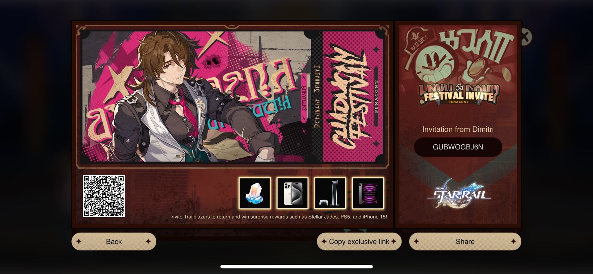 Honkai Star Rail invite ticket come do my code and I’ll do yours too ...