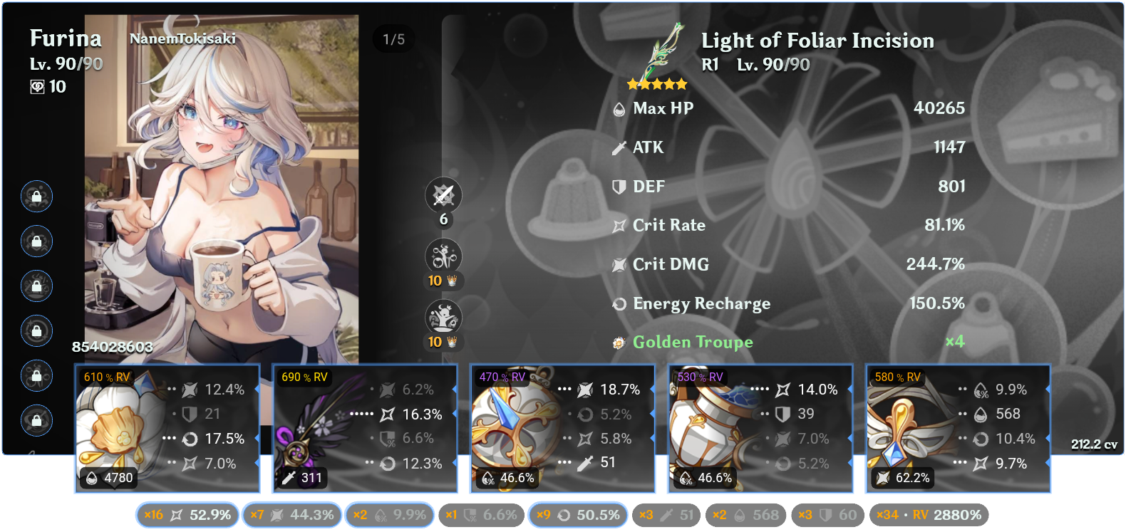 Show me a furina that has more crit rate crit damage er and hp than
