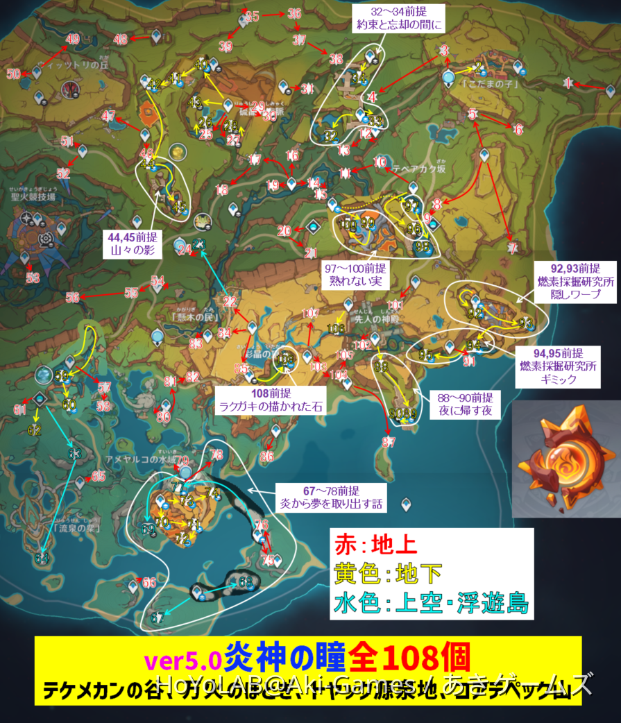 ver5.0炎神の瞳「全108個」の場所と回収ルート テケメカンの谷、万火の