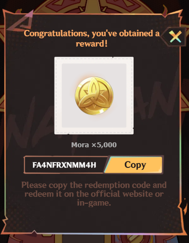 Genshin Impact code for 5,000 Mora (I just felt like sharing it even ...